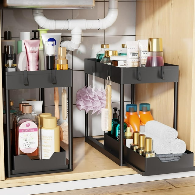Organizador para debajo del fregadero Simple Trending, paquete de 2, color negro, 15,5 x 8,5 x 13,1