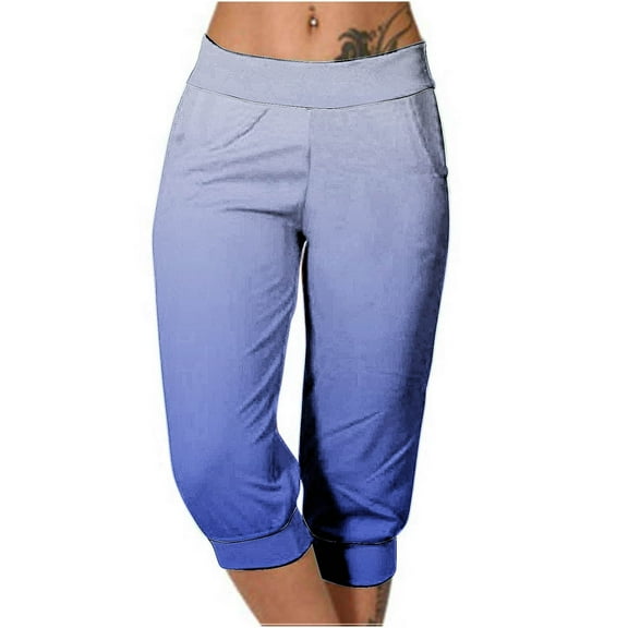 Zedker Capri Pants for Women Loose Yoga Lounge Joggers Pajama Pants with Pockets Blue Plus L