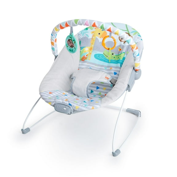 Bright Starts Vibrating Infant Baby Bouncer with Toy Bar, Safari Fun