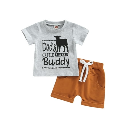 

Calsunbaby Toddler Baby Boys Clothes Short Sleeve Round Neck Letters Print Tops Drawstring Short Pants Outfits Set Grey 0-6 Months