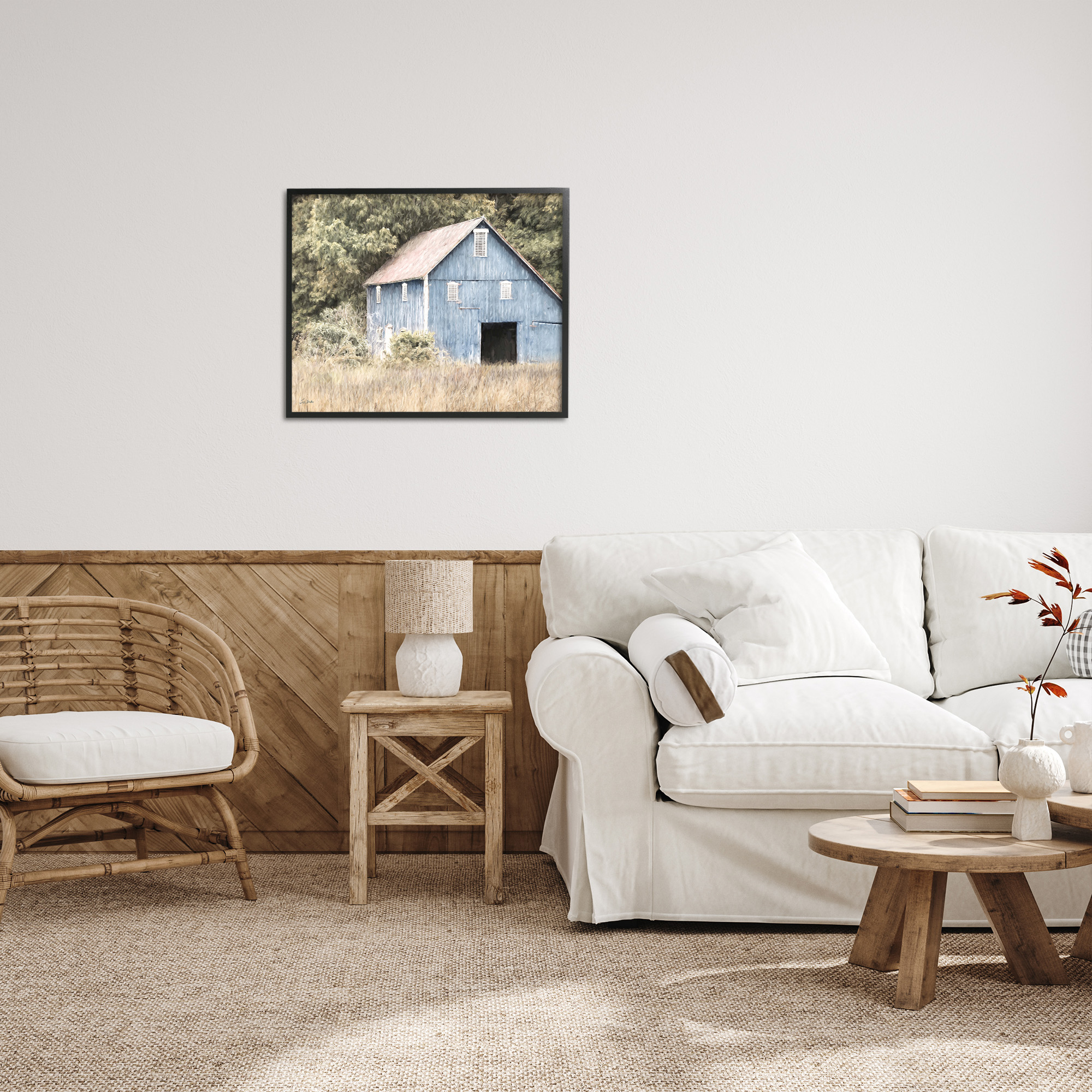 Stupell Industries Rustic Blue Barn Landscape Painting Black Framed Art Print Wall Art, 30 x 24