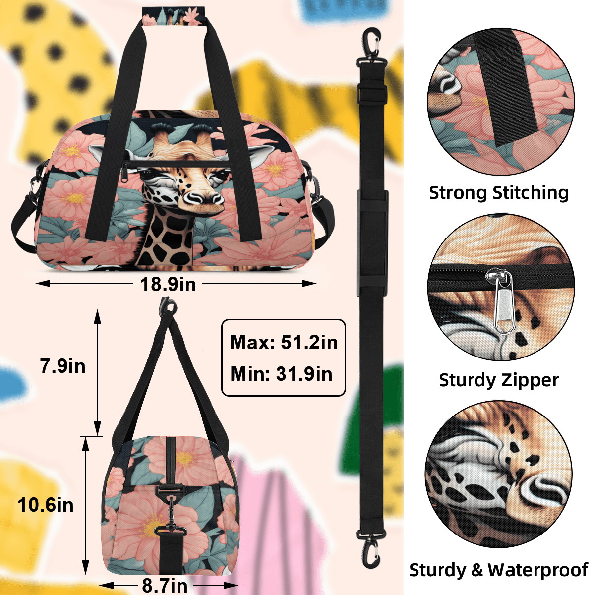 Herdesigns Giraffe Sports Duffle Bag for Women & Men, Flower Giraffe Gym Bag Dance Bag Overnight Bag Carry On Weekender Travel Bag