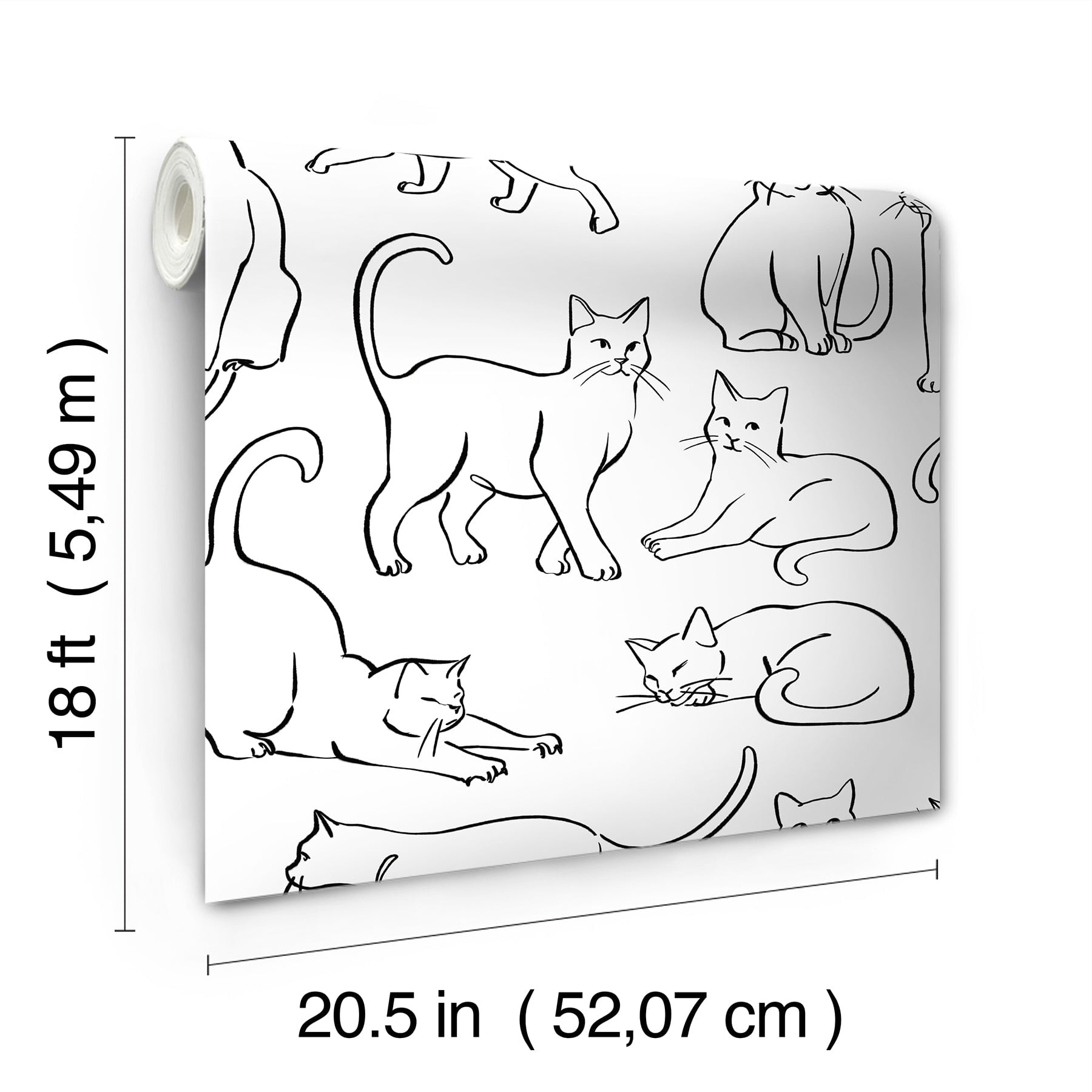 RoomMates Cat Poses Black and White Peel and Stick Wallpaper, 1 Roll