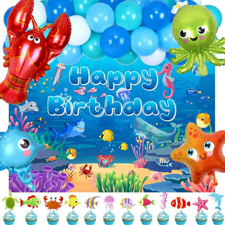 Under The Sea Birthday Decorations Ocean Animal Party Decorations Under The  Sea Backdrop Happy Birthday Banner Backdrop Ocean Sea Animal Cupcake  Toppers Marine Animals Foil Balloons 