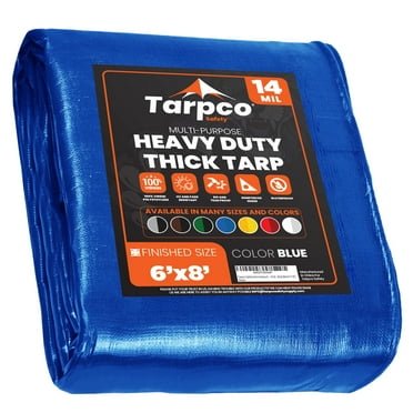 Tarpco Safety 14 Mil Extra Heavy Duty Tarp Camping Tarpaulin Waterproof Cover, Blue 6′ X 8′Ft