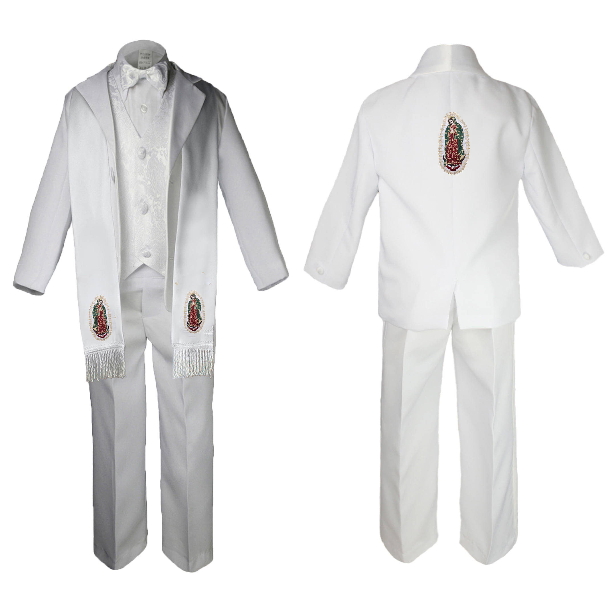 New Born Baby Boy Christening Baptism Formal White Paisley Suit Silver Mary on Stole & Back SM-20