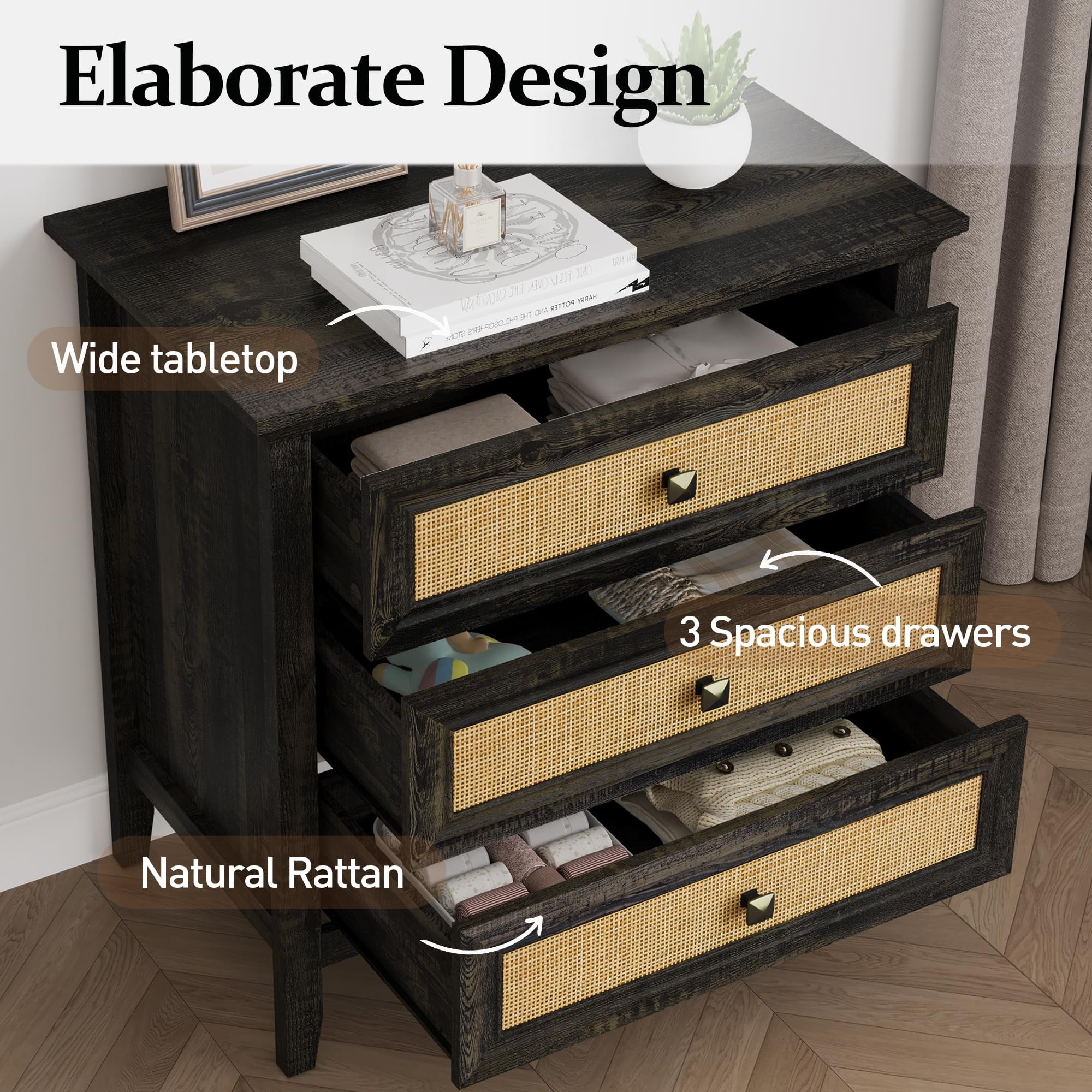 CozyHome 3 Drawer Nightstand, Rattan Dresser with Cane Drawers, Tall Boho Bedside Table for Bedroom, Living Room, Entryway, Hallway, Grey