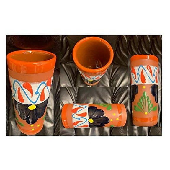 4 Large 7" Mexican Water Tea Coffee Jar Mugs Jarritos Vasos Mexicanos Hand Painted Tazas de Barro Micnocana Ponchero Hot Chocolate Botellon Fruit Punch Traditional Clay Party Dish Made in Mexico Brown