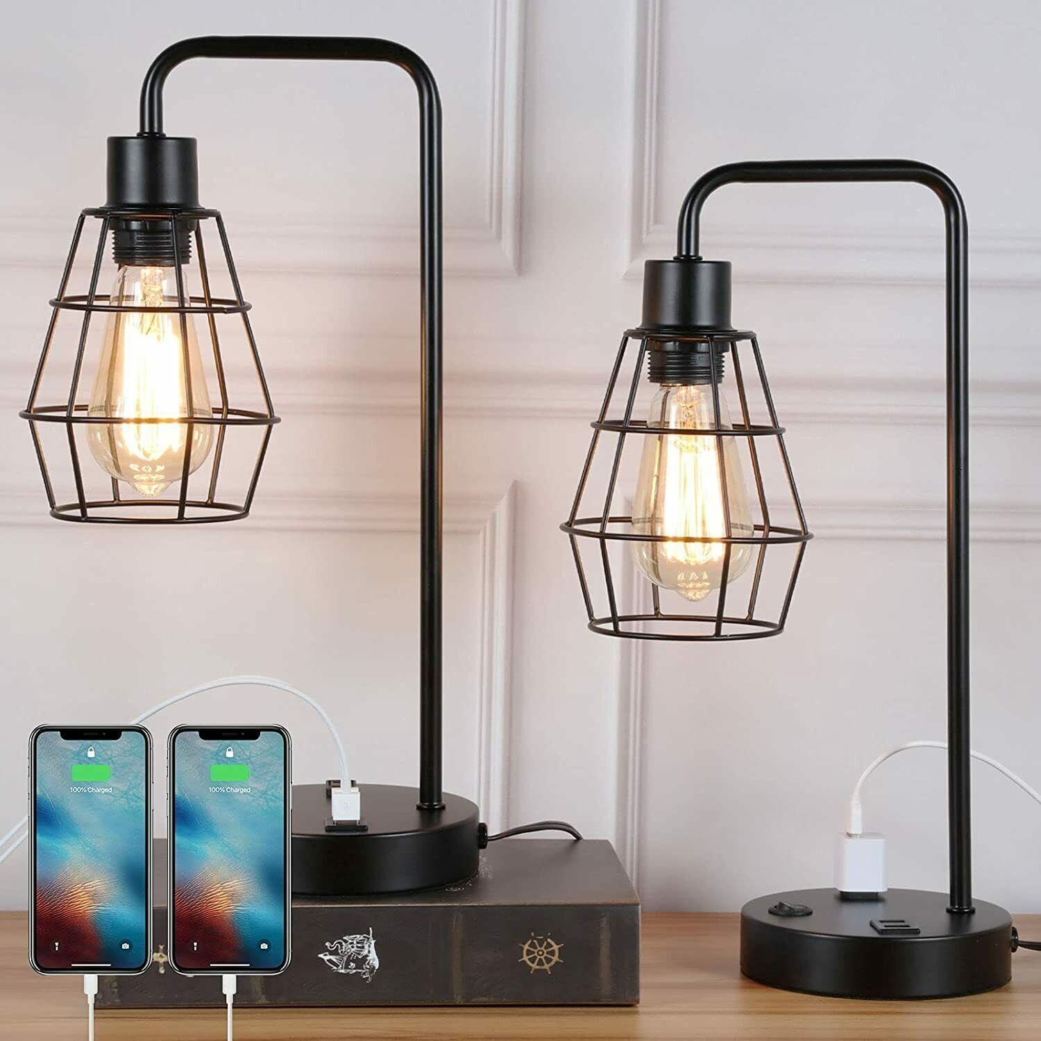 2 Pcs Industrial Table Lamp Nightstand Bedside Lamps w/ Dual USB Ports AC Outlet