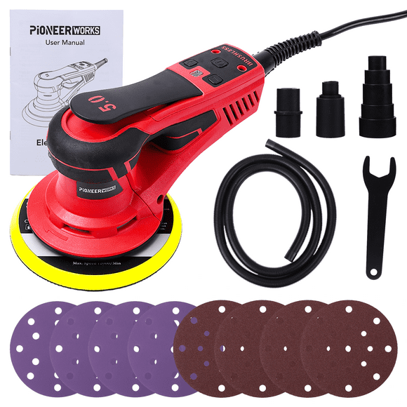 PioneerWorks 350W Electric Sheet Sander with Brushless Motor, 10,000 RPM Variable Speed, Low Noise & Low Vibration, Random Orbital Sander for Woodworking, Furniture Refinishing, DIY Projects