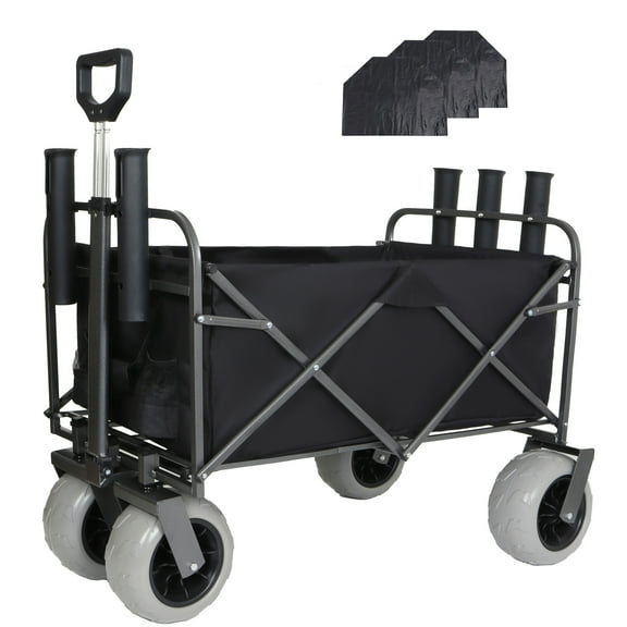 Heavy Duty Beach Wagon with 5 Rod Holders, All Terrain Utility Cart with Big Wheels and Multiuse Bag Trap, 500lbs Weight Capacity, Foldable Wagon for Shopping, Garden, Sports, Camping, Black