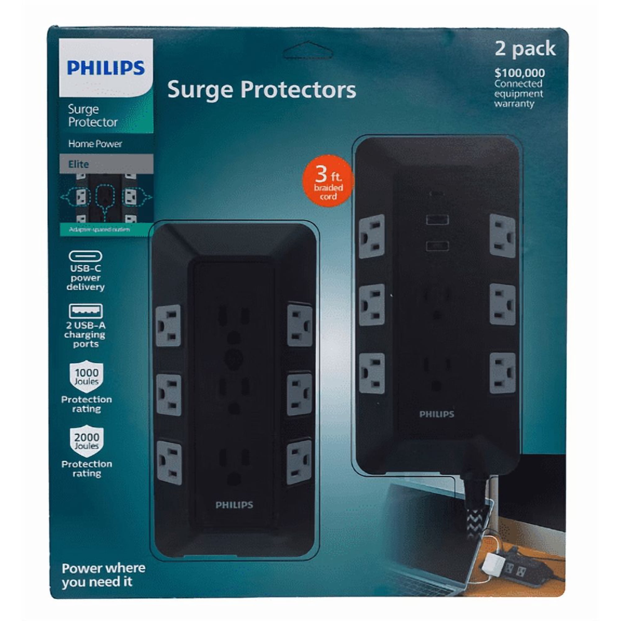 Philips 17-Outlet Surge Tap/Protector Combo Pack - Black/Gray