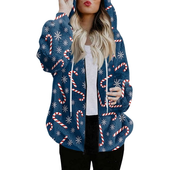 Women's Fashionable Casual Zippered Hooded Sweatshirt Jacket with Christmas Print and Drawstring, Furry Plush for Winter,Navy,M