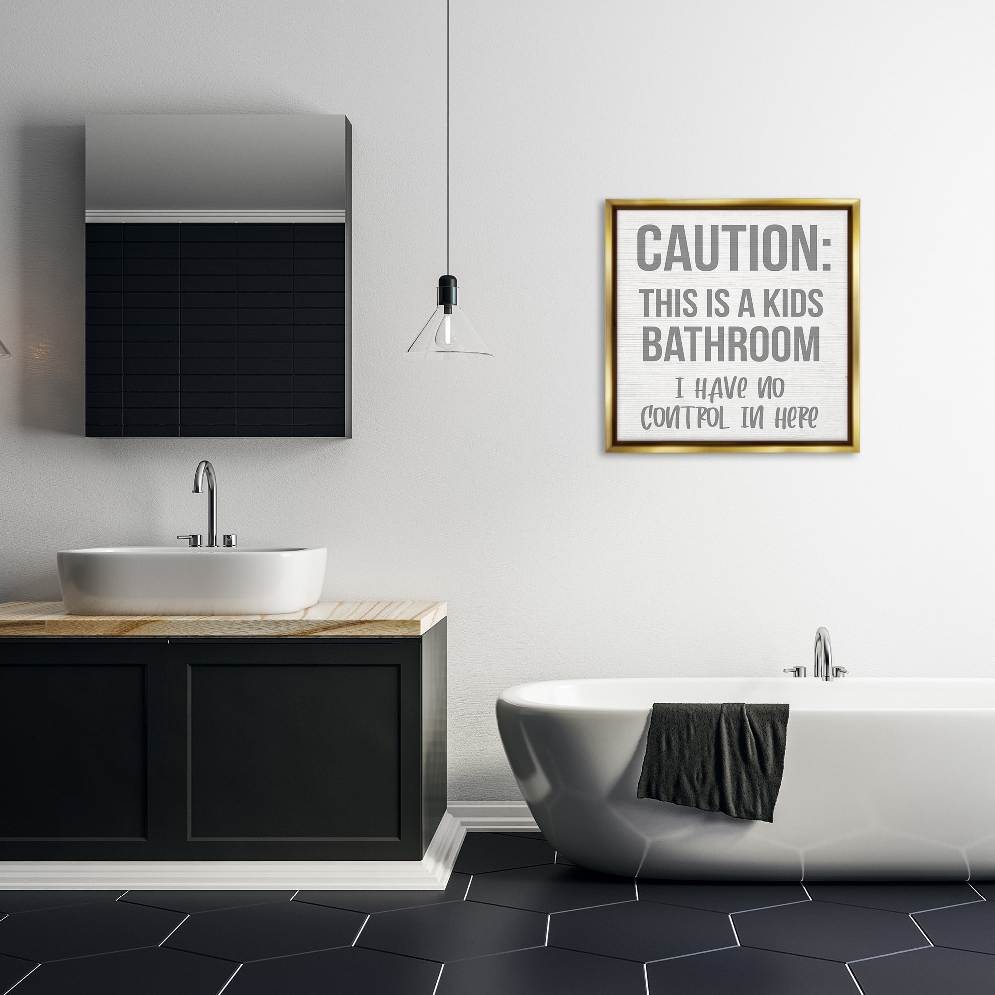 Stupell Industries Funny Caution Kid's Bathroom Typography Painting Gold Floater Framed Canvas Art Print Wall Art, 25 x 25