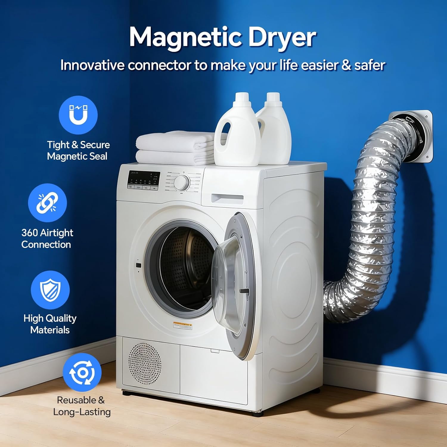 Magnetic Dryer Vent Coupler DV180 Sealed Dryer Vent Connector Kit Easy Clean Quick Connector Includes 2.6 ft 4 in Tubing and Two Stainless Steel Clamps