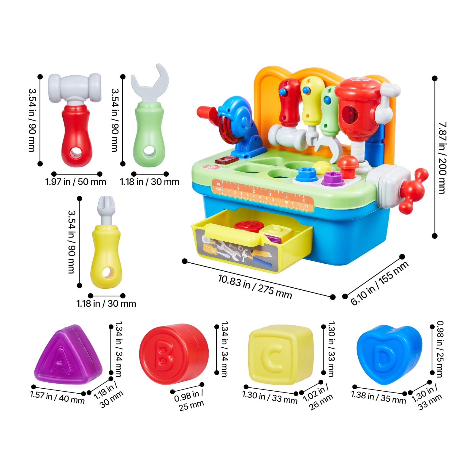 KFFKFF Interactive Workshop Toy, Illumination & Melodies, Educational Bench Toy for Toddlers Aged 2 Years and Above, Child's Imitation Tool Kit, Baby's Geometric Sorting Tasks