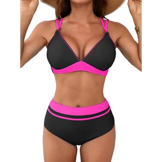 Charmo Women's High Waisted Bikini Sets V Neck Two Piece Swimsuit Color Block Bathing Suits