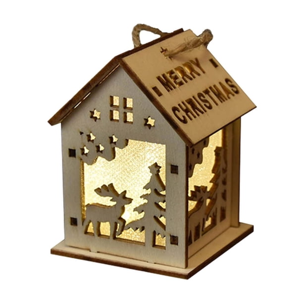 Conjunto de decoración navideña de casas de nieve de madera luminosas - Adornos colgantes para ventanas con iluminación LED