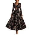 thumbnail image 3 of 2026 Halloween Women Vintage Flared Dress, V Neck Long Sleeve Gothic Floral Print A Line Dress for Holiday Gathering, 3 of 5