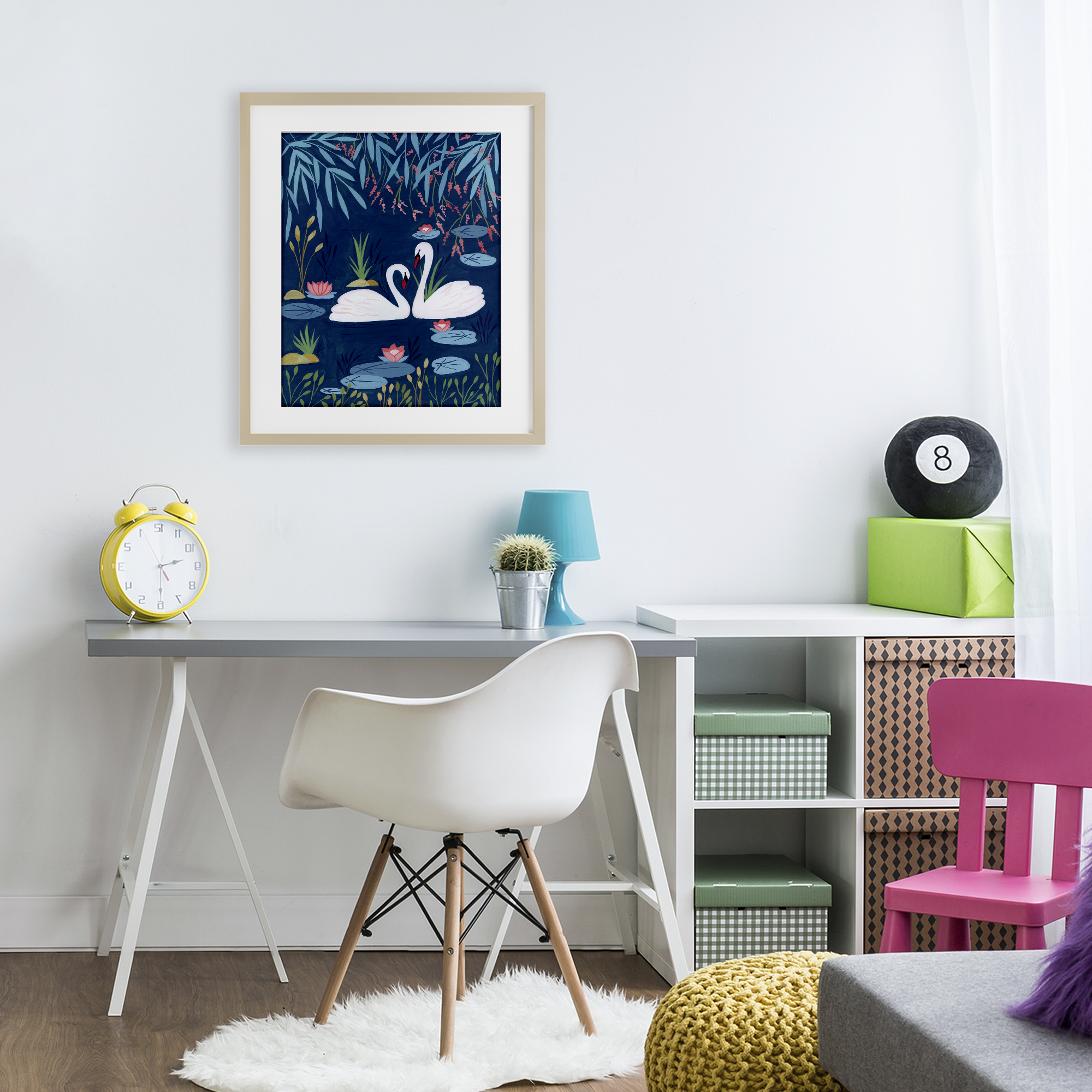 Swan Pair on Blue Pond Birch Framed Print Under Glass, design by Nabeela Rumi