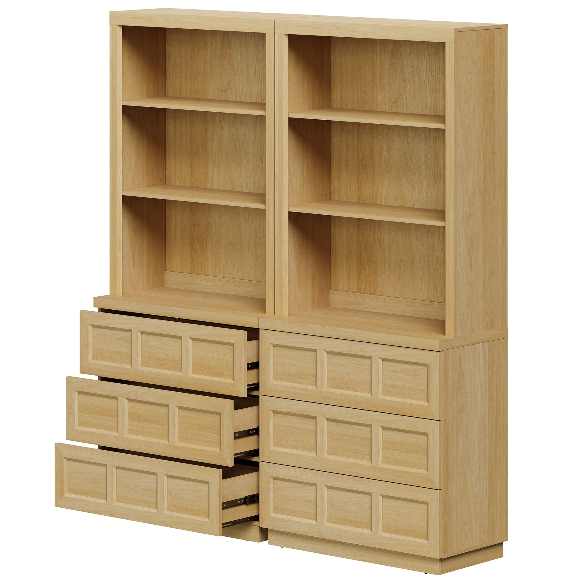 HOMOOI Wood Pantry Cabinet, Boho Freestanding Kitchen Storage Hutch with 2 Adjustable Open Shelves and 6-Large Drawers,Anti-Wobble Storage Organizer for Kitchen, Dining Room, Entryway,Oak