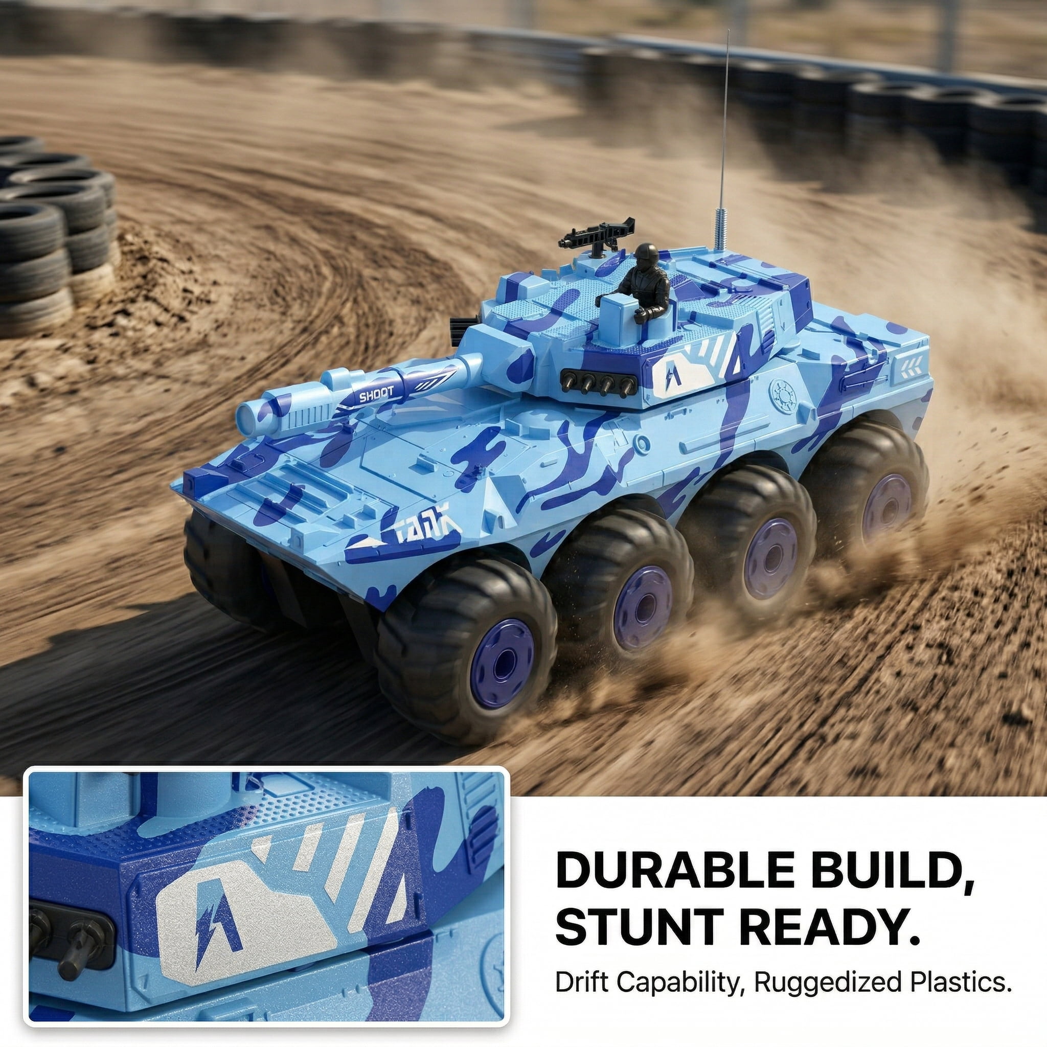 1/32 Scale 8-Wheel Drive Remote Control Amphibious Tank, Waterproof All-Terrain Stunt Car, Blue Camouflage Toy for Ages 6+