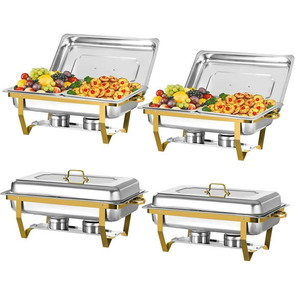 Chafing Dish for Buffet, 4 Pack 8QT Stainless Steel Chafing Servers Food Warmer Set with 8 x 1/2 Size Food Pan for Kitchen Party Banquet Dining, Gold