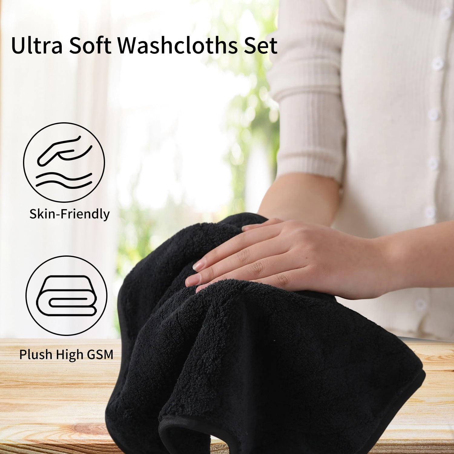 Jessy Home 12 Pack Black Washcloths for Bathroom 13"x13" Ultra Soft Hand Face Towels