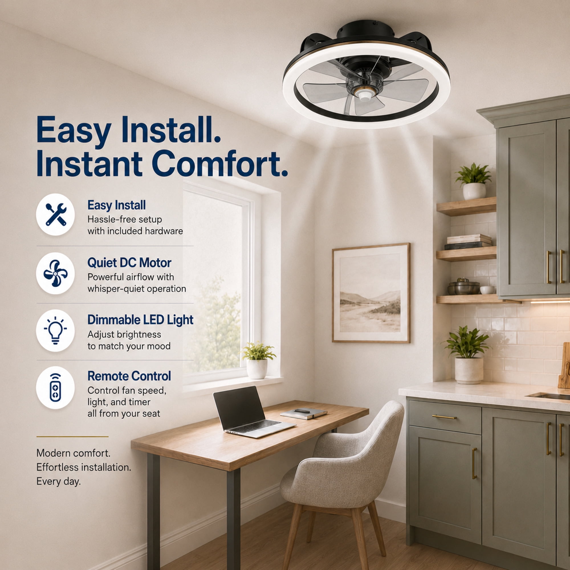 Mainstays 18-Inch Black Low-Profile DC Ceiling Fan with Integrated LED Light, Remote Control, 6 Speeds