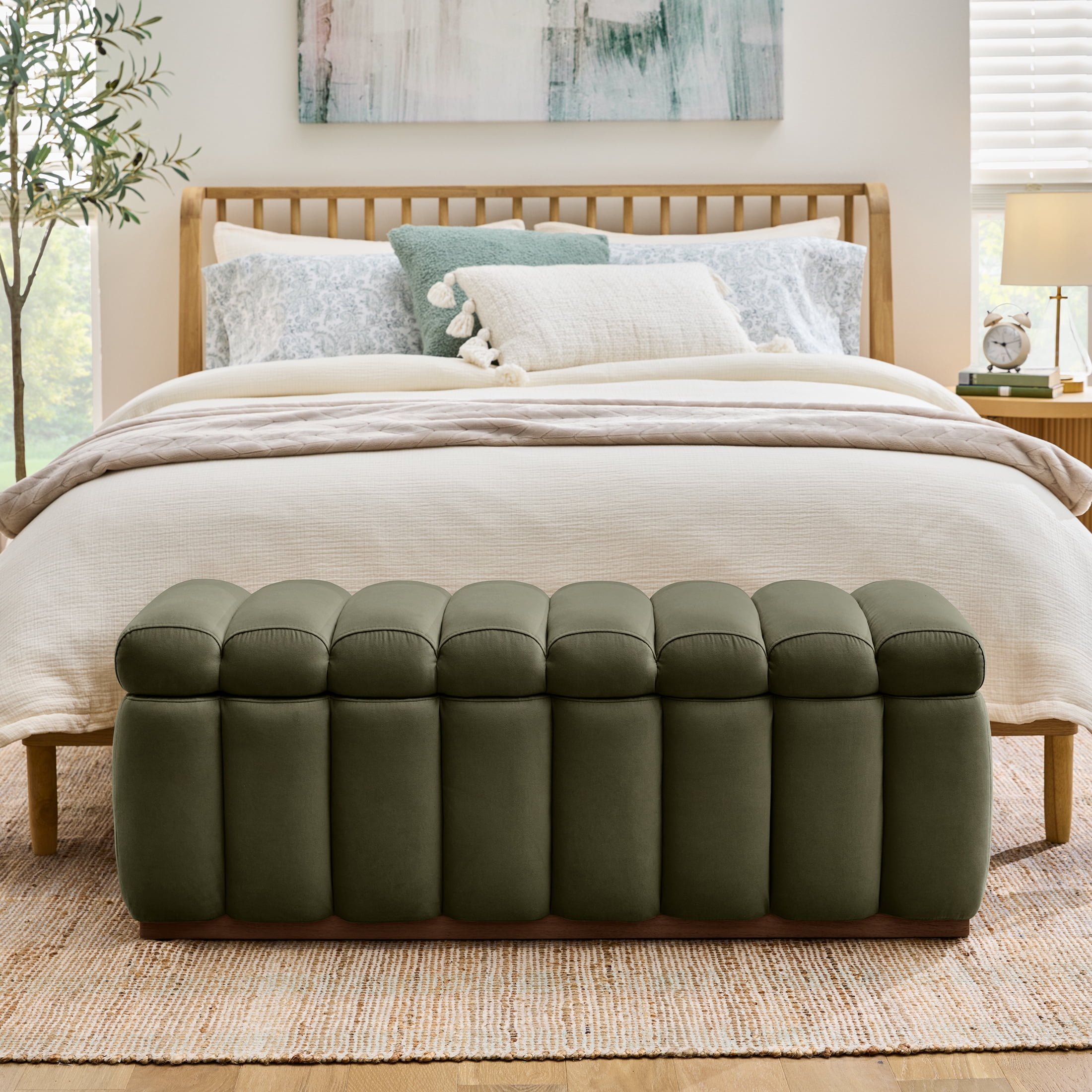 Better Homes & Gardens 47.24" Lillian Channel Tufted Bench, Olive Velvet