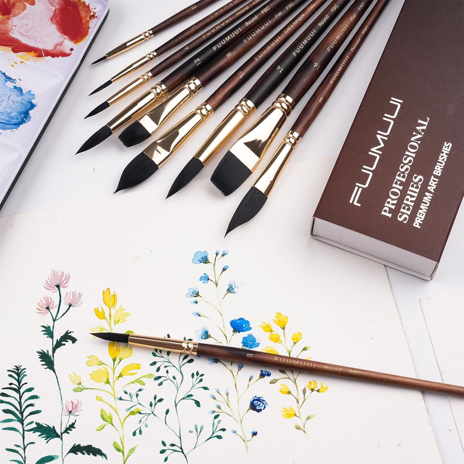Watercolor Brushes Professional, Fuumuui 10Pcs Synthetic Squirrel Hair Watercolor Paint Brush Set for Artists - Flat, Round Pointed, Dagger, Cat's Tongue Oval Wash