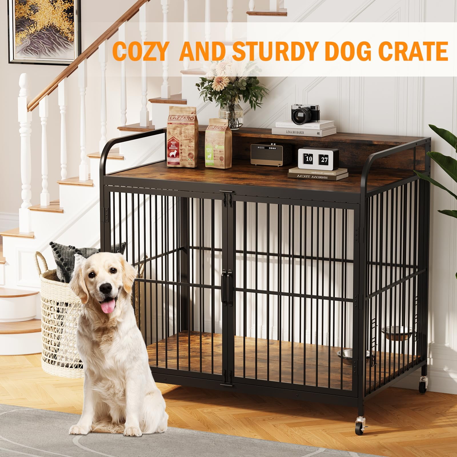 Danolapsi 48" W Large Dog Crate Furniture,with 360° Adjustable Elevated Feeder,Dog Crate with 360° Wheels for Easy Mobility,Heavy Dog Furniture,Indoor Decorative Dog Kennel,Sturdy Metal Construction