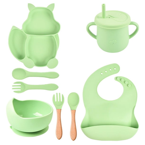 Babero de silicona para niños, plato de comedor de silicona, juego de 6 piezas para alimentos complementarios para niños, tazón con ventosa para entrenamiento, juego divisor para bebés