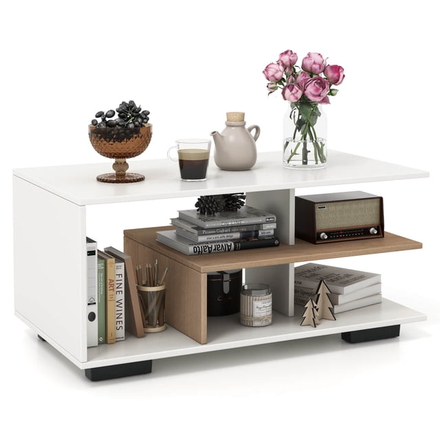 Costway Geometric Coffee Table with Storage Shelves 3-Tier Rectangular Tea Table Natural + White