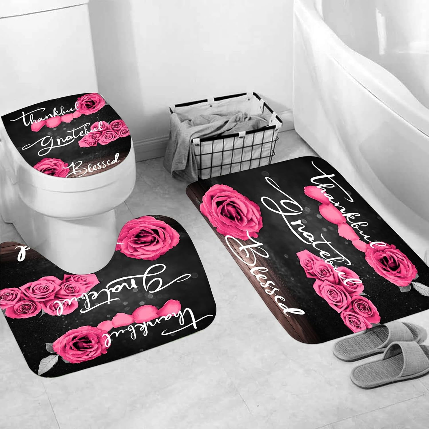 Pink Rose Shower Curtain Sets, Thankful Grateful Blessed Bathroom Curtain with Non-Slip Rug, Toilet Lid Cover, Bath Mat and 12 Hooks, Romantic Showy Floral Wedding Decor for Bath