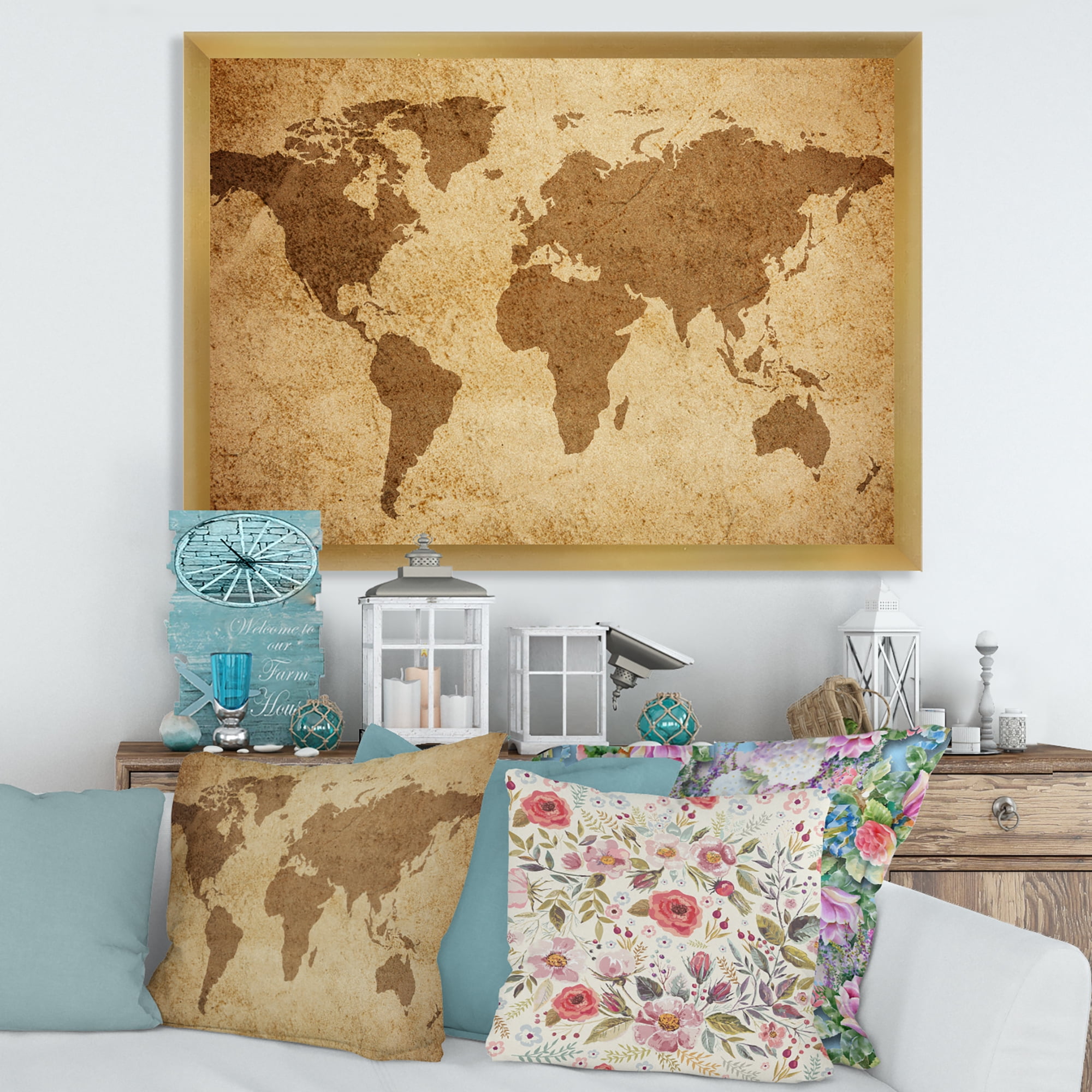 Designart 'Ancient World Map V' Vintage Framed Art Print