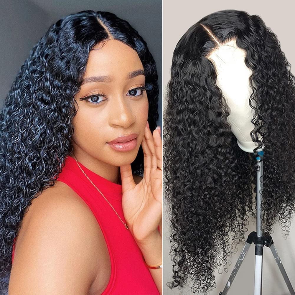 Jerry Curly Human Hair Wig 4x4 Closure Glueless Wigs Human Hair Pre Plucked Pre Cut Lace Closure Glueless Wigs Elastic Band 200% Density Natural Color, 26 Inch