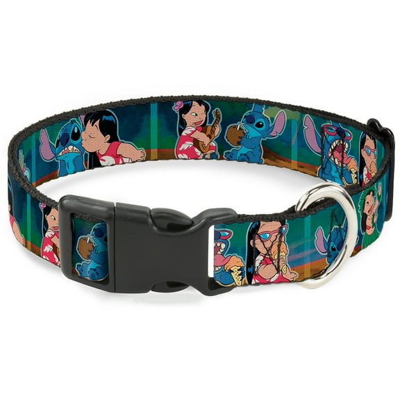 Disney Pet Collar, Dog Collar Plastic Buckle, Lilo Stitch Scene Blocks, 16 to 23 Inches 1.5 Inch Wide