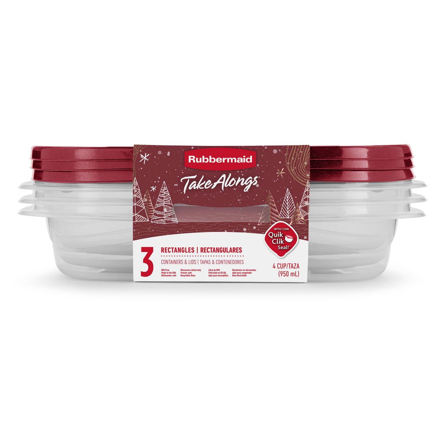 Rubbermaid TakeAlongs Food Storage Containers, 4-Cup Rectangle, Holiday Rhubarb Red, 3-Pack