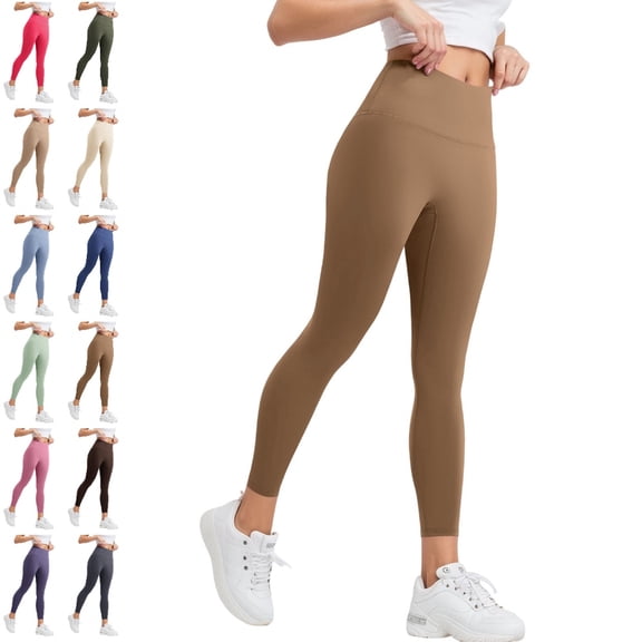 GPOECD High Waisted Leggings for Women Non See Through 4 Way Stretch Squat Proof Comfortable Yoga Pants for Women Fitness Activewear,Brown,M