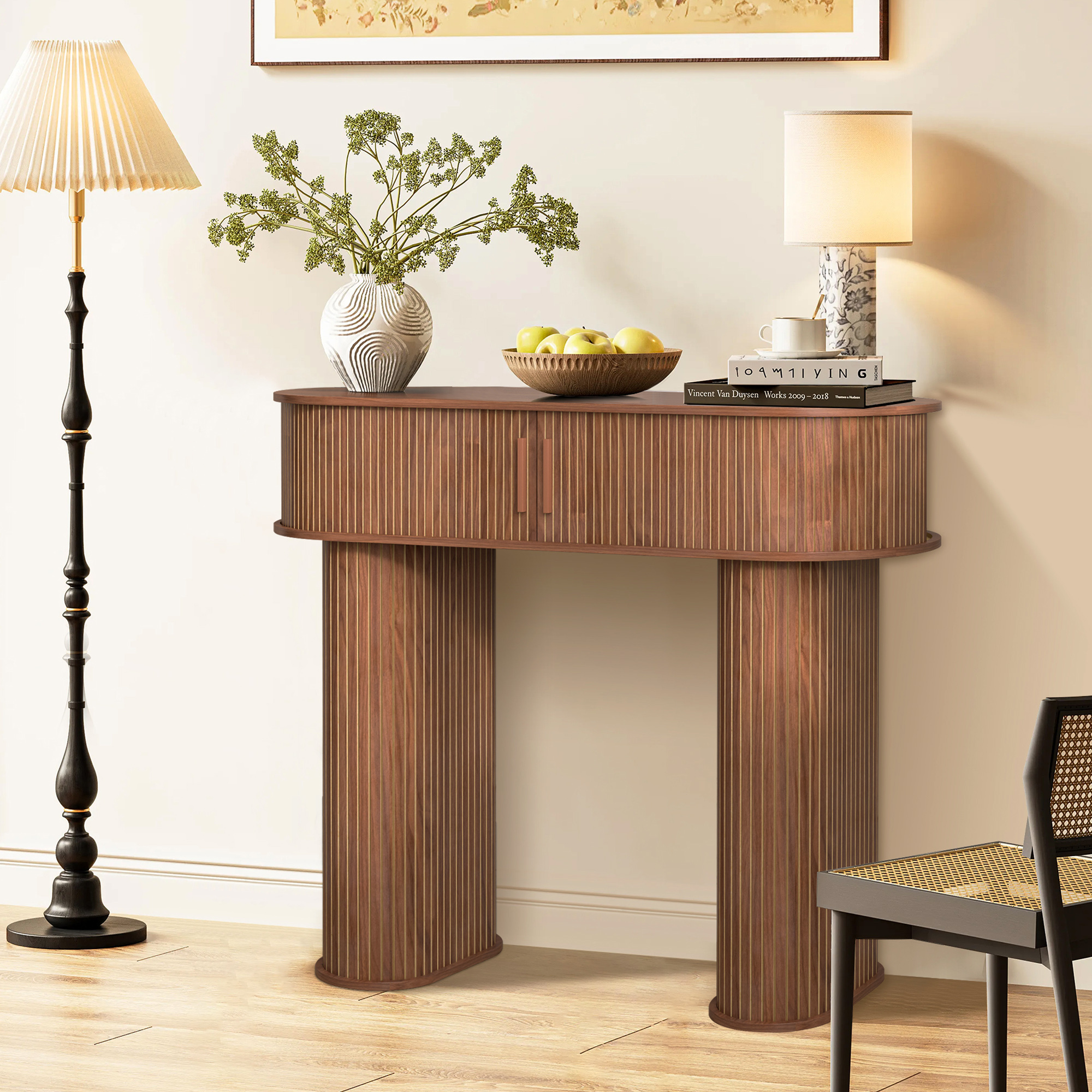 Furtivusia Console Table with Storage, Entryway Table with Sliding Door, Wood Sofa Table for Living Room, Foyer, Hallway, Walnut Color