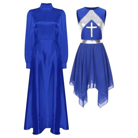 Women Liturgical Praise Dance Dress Sets Long Puff Sleeves Satin Flared Dress With Metallic