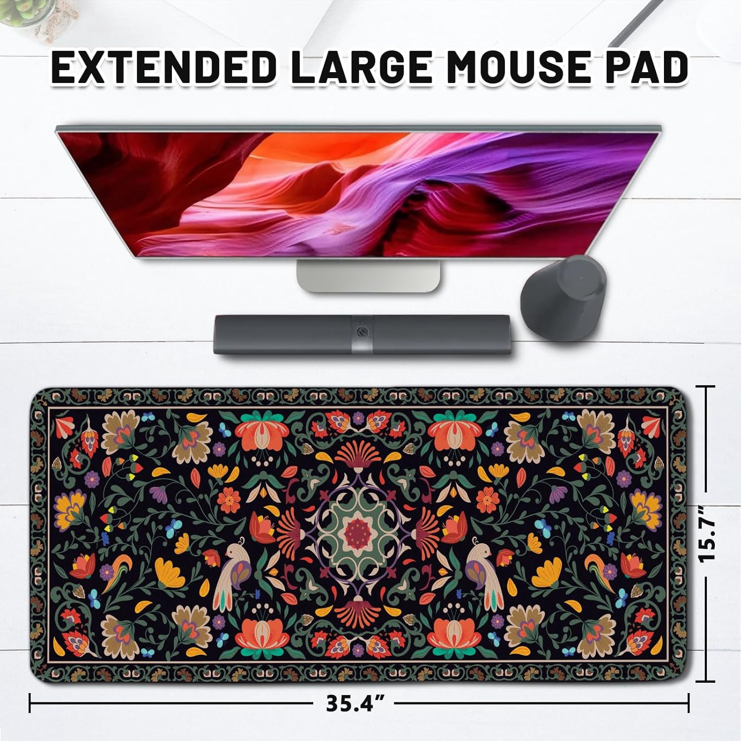 Vintage Flower Gaming Mouse Pad, Large Computer Keyboard RetroFloral Mousepad, Mouse Mat Big Non-Slip Base Stitched Edges, Desktop Mat Decor for Home Office 15.7”x 35.4” XXL Gift for Christmas