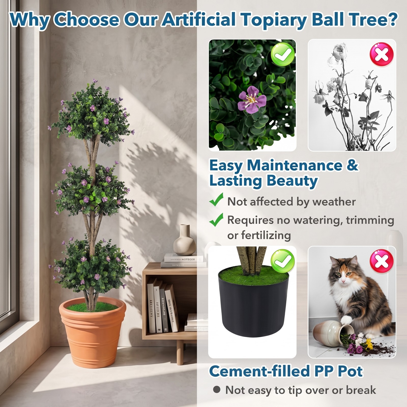 Fenbeli 51 Inch Artificial Triple Ball Boxwood Topiary Tree with 59 Purple Blossoms, Faux Potted Boxwood Plant with Cement-Filled Pot for Indoor Outdoor Porch, Purple