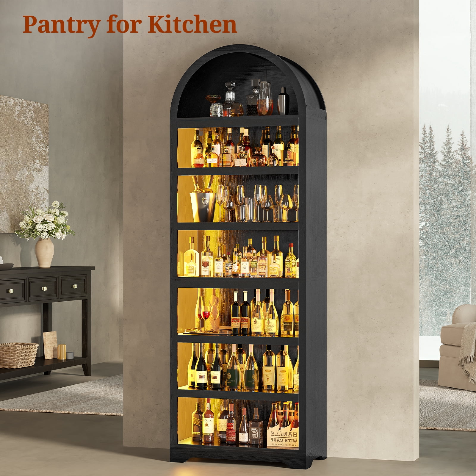 79.4" Tall Arched Cabinet, Modern 7-Tier Bookshelf with RGB Light and Adjustable Shelf for Living Room, Kitchen, Home Office, Black