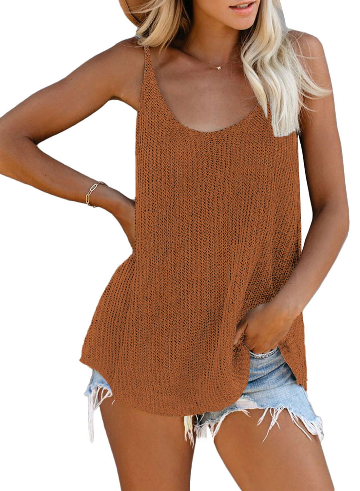 FARYSAYS Womens Summer Hollow Out Halter Knit Tank Tops Loose Casual Sleeveless Blouses Shirts 