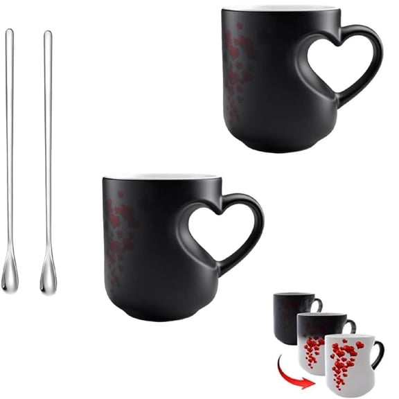 Heart-Shaped Color Changing Magic Ceramic Mug, 11oz Thermochromic Magic Reveal Design, Fun Gift for Valentine's Day, Birthdays and Anniversaries (2pcs)