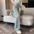 thumbnail image 5 of Women Light Wash Cotton Jeans, Floral Embroidered High Waist Straight Wide Leg Pants for Summer, 5 of 6