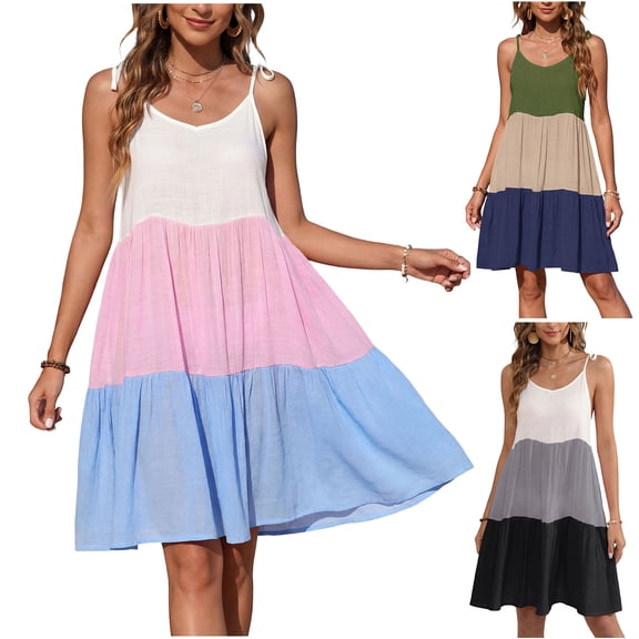 Womens Sundresses Summer Sleeveless Gradation Pleated Strap Cami Maxi Dress fot Beach Pink
