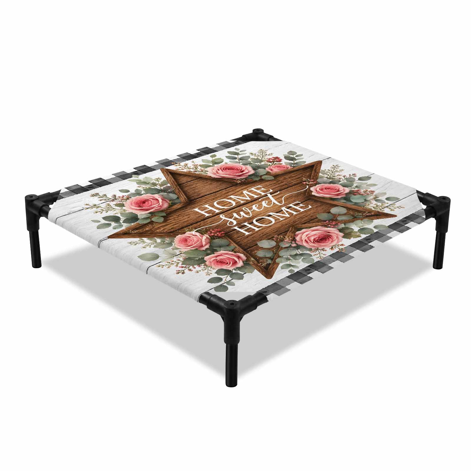 Sweet Home Elevated Dog Bed, Thanksgiving Wooden Star Pink Rose Leaf Wood Grain Plaid Cooling Breathable Outdoor Raised Dog Cot Bed with Metal Frame Non-Slip Feet for Small Dog 20x20in